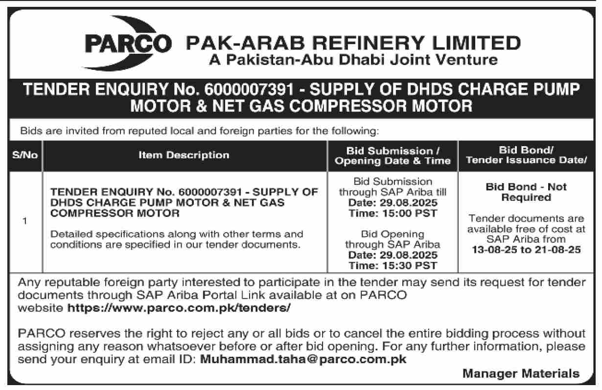 Pak Arab Refinery Limited Tender Notice